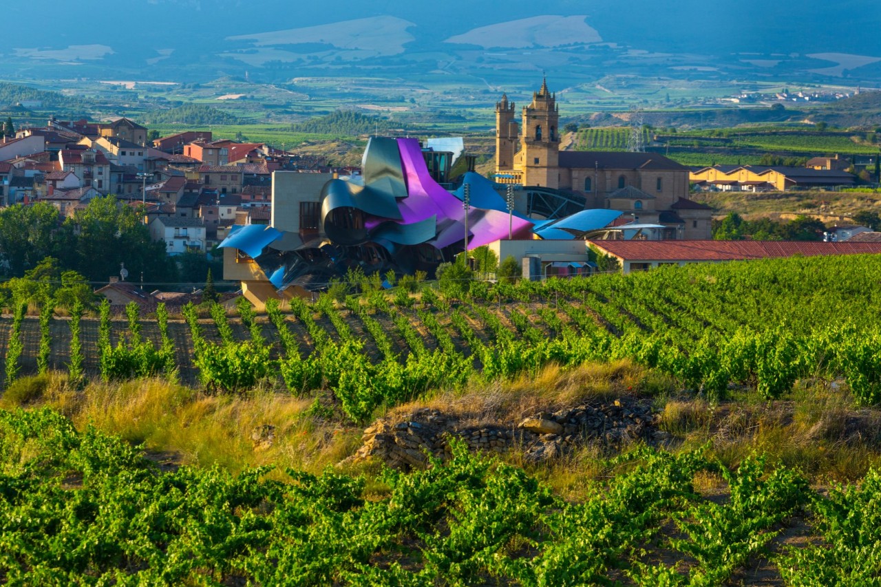 Eine ländliche Landschaft mit Weinbergen. Im Hintergrund befindet sich ein Dorf mit einer traditionellen Kirche. Markant im Mittelpunkt steht ein modernes Gebäude mit wellenförmigen, bunten Metallflächen. 