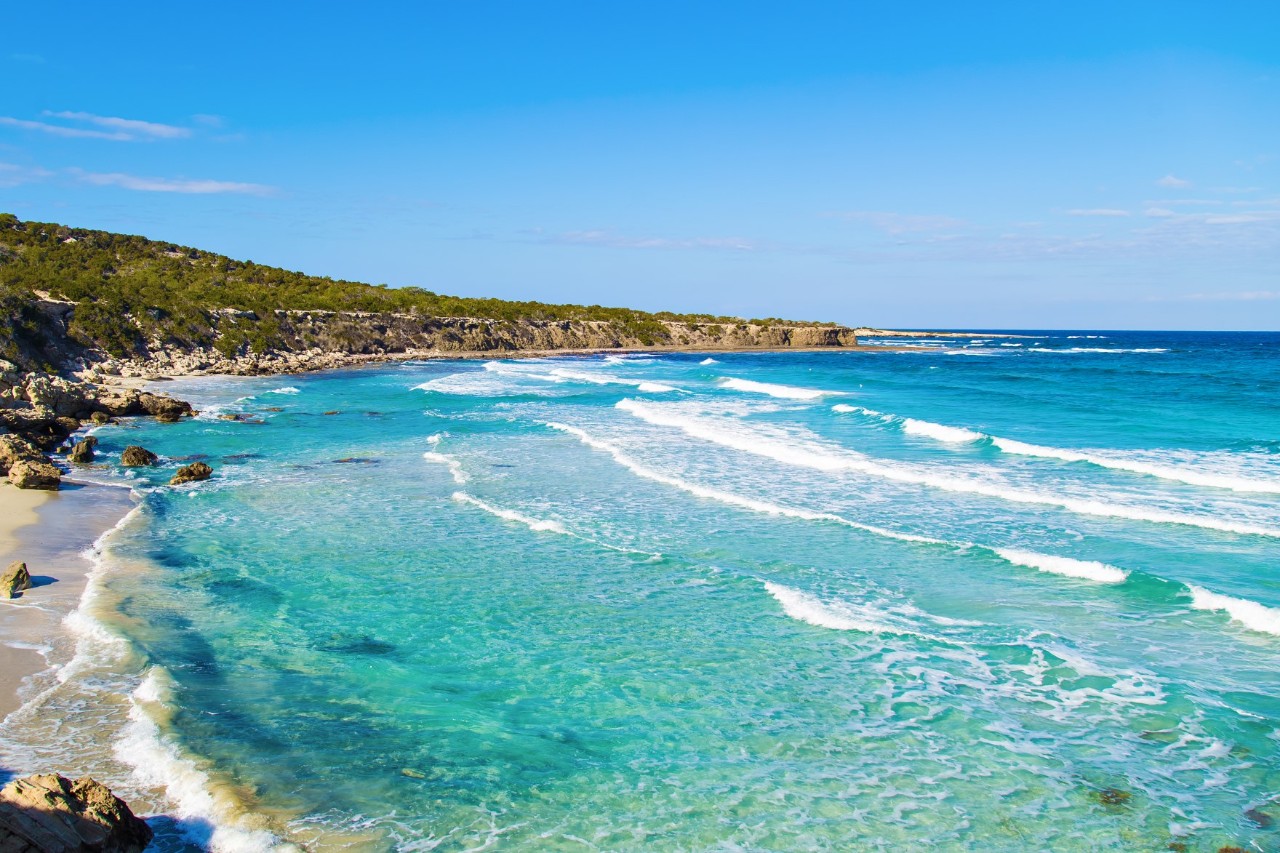 Türkisfarbene, sonnenbeschienene Bucht, in die Wellen hereinrollen. Links ist ein kleines Stück Strand zu sehen, an dem sich die Wellen brechen, dahinter erhebt sich die grün bewachsene Küstenlandschaft.
