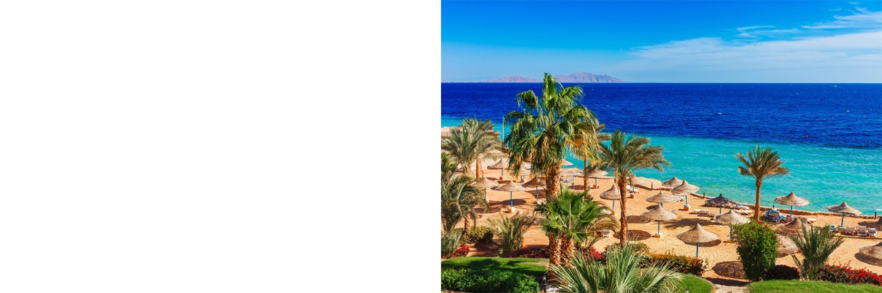 Strand in Hurghada mit Palmen, Sonnenliegen und Strohschirmen, Meer im Hintergrund 