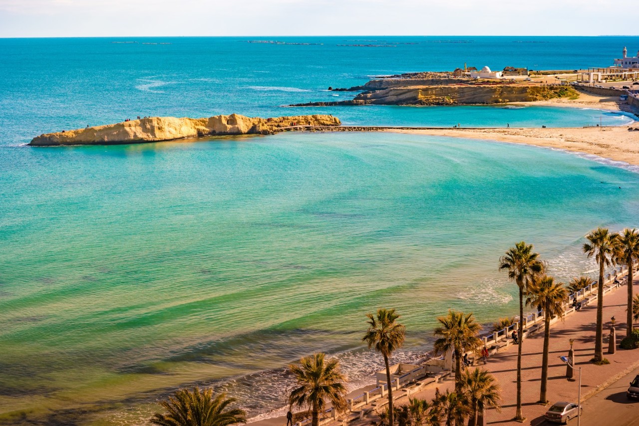 Malerische Küstenlandschaft mit türkisblauem Wasser, einem goldfarbenen Felsen im Meer, einem Sandstrand und einer von Palmen gesäumten Promenade im Vordergrund.