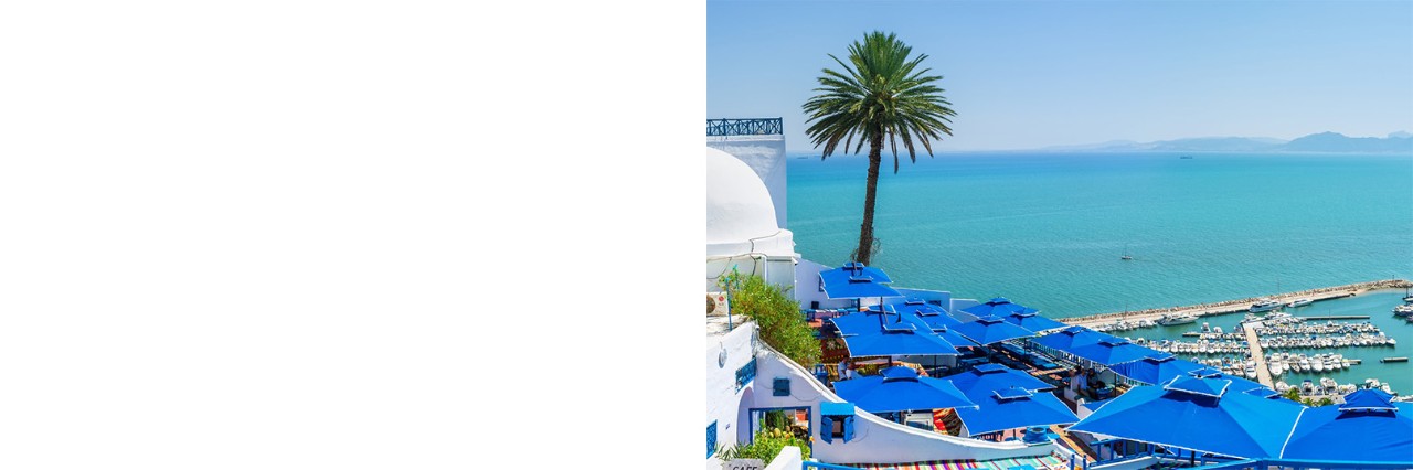 Küstenort mit weiß getünchten Gebäuden, Palmen und blauen Sonnenschirmen. Im Hintergrund befindet sich das Meer mit einem kleinen Hafen und einer Gebirgskette am Horizont. 
