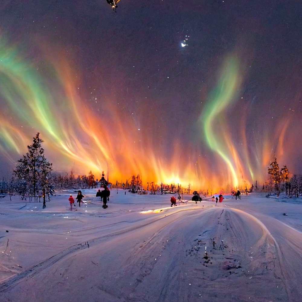 Polarlichter im Himmel über einem verschneiten Weg