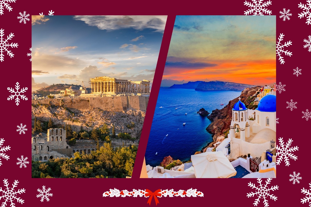 Zwei Fotos nebeneinander, die Landschaften in Griechenland zeigen