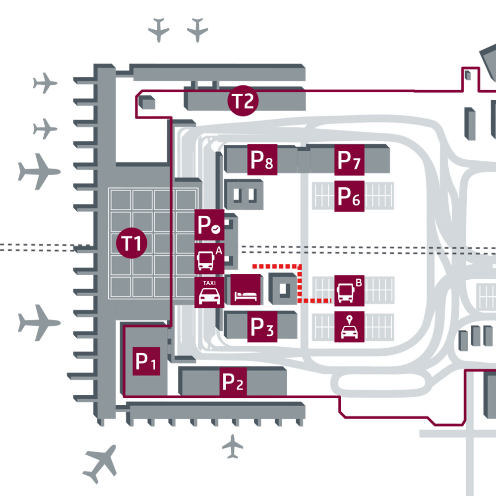 Laufweg vom Terminal 1 zur Bushaltestelle B 