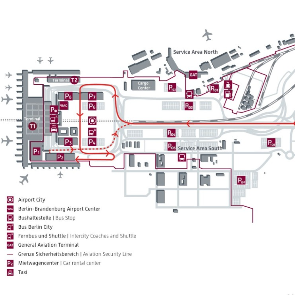 Lageplan mit eingezeichnetem Fahrtweg zum Mietwagencenter. Das Center befindet sich im Parkhaus P2.