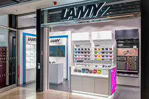 Exterior view of the Lamy store. Displays can be seen.