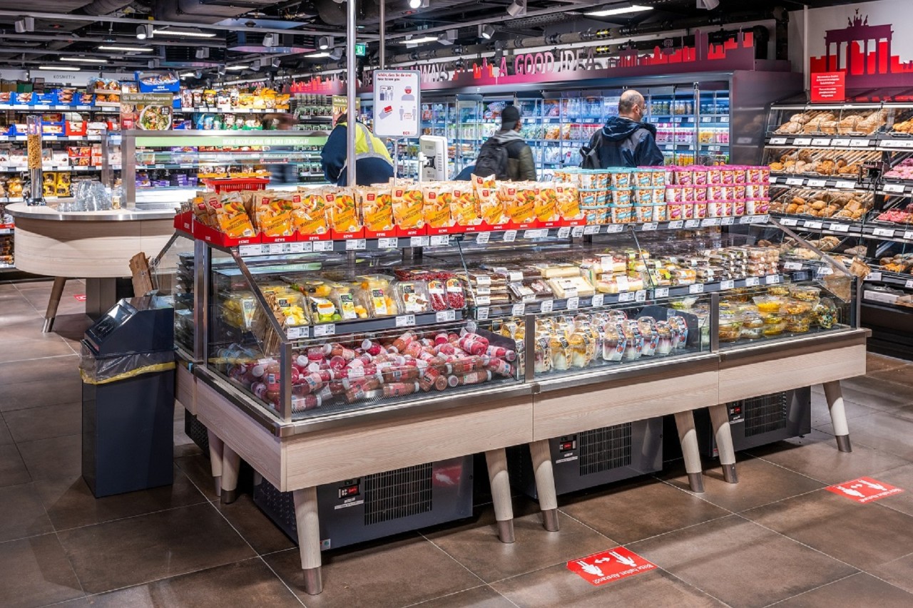 Counter with drinks and food.