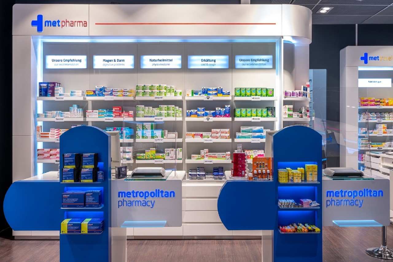 View of a wall shelf with medicines.