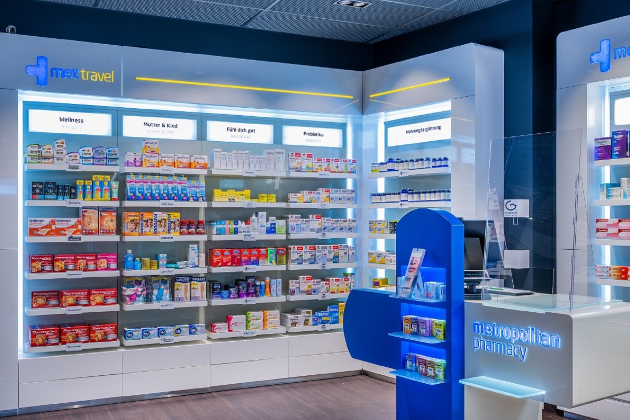 View of a wall shelf with medicines.