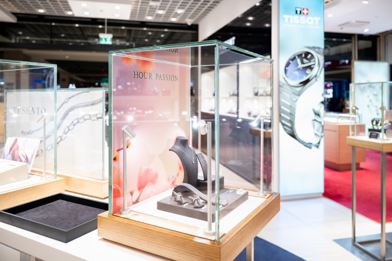 Glass display cases with watches.