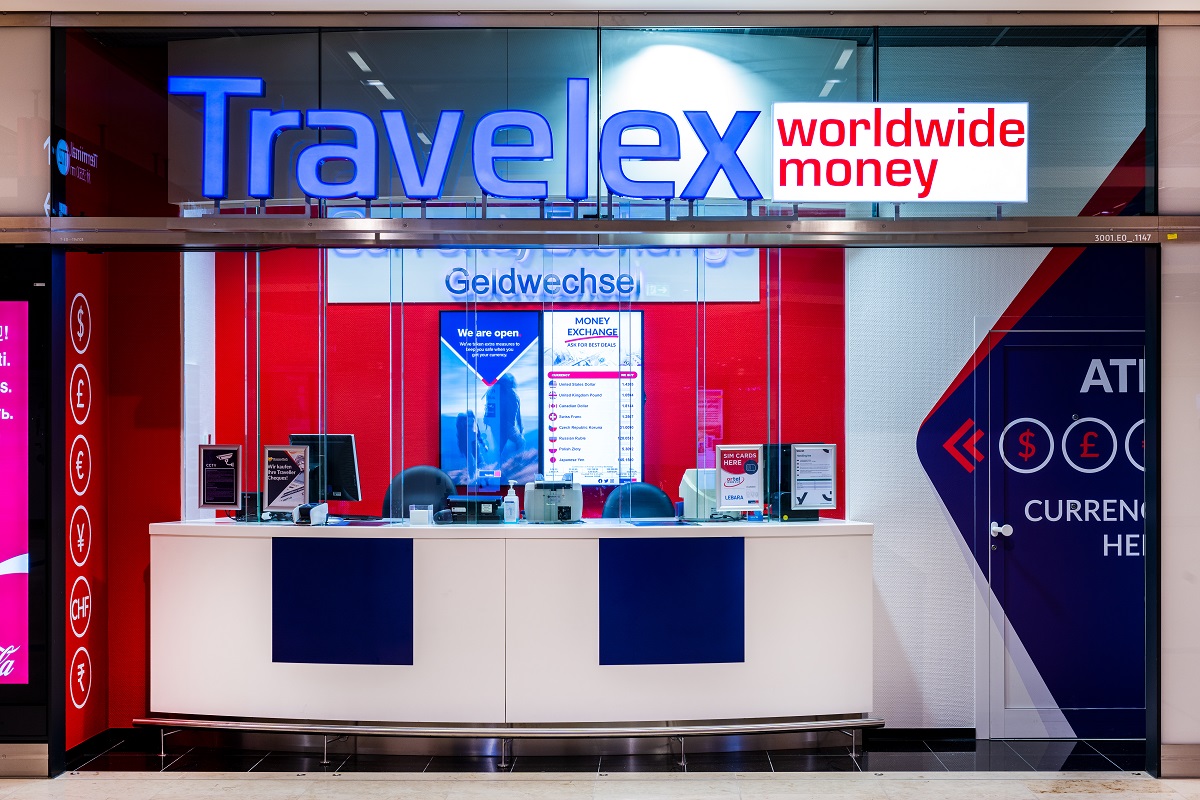 View of the currency exchange counter from outside.