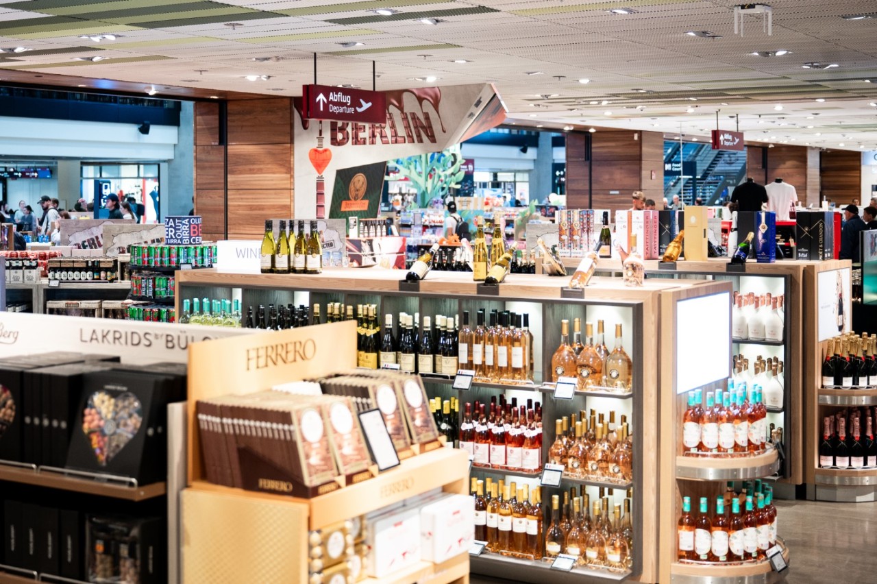 Shelves with spirits and other luxury foods.