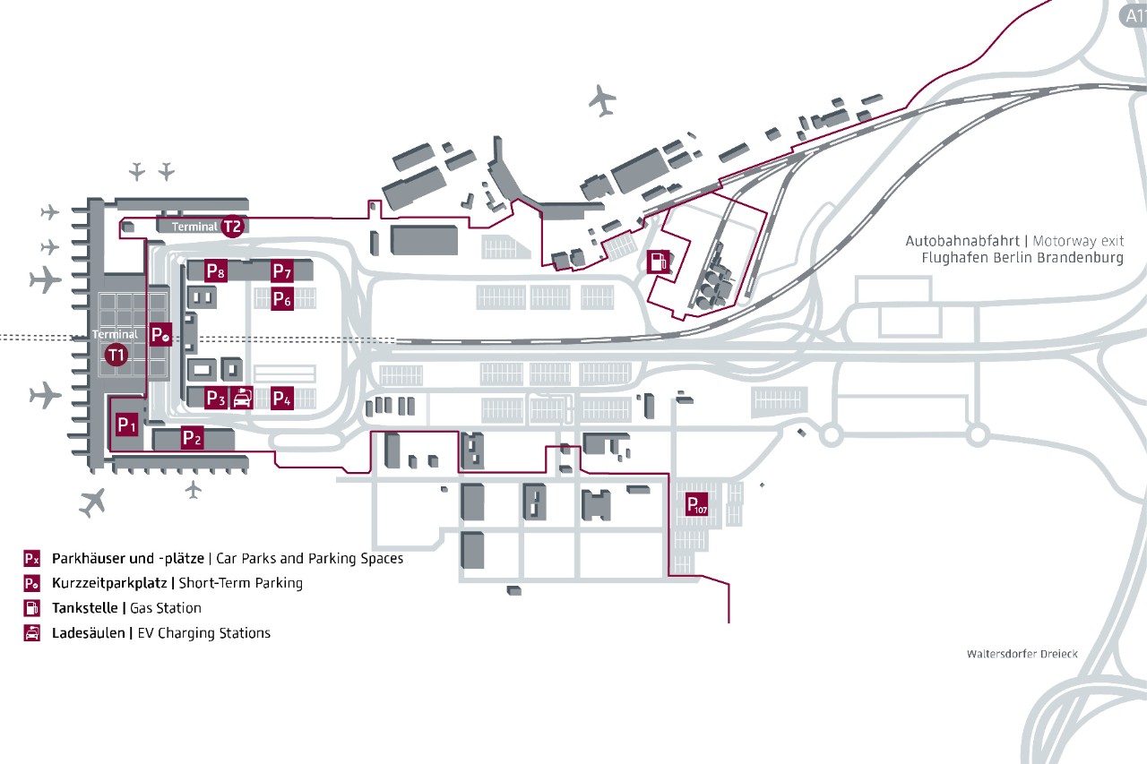 BER site plan. The petrol station is centrally located and signposted on the way from the motorway to the car parks.