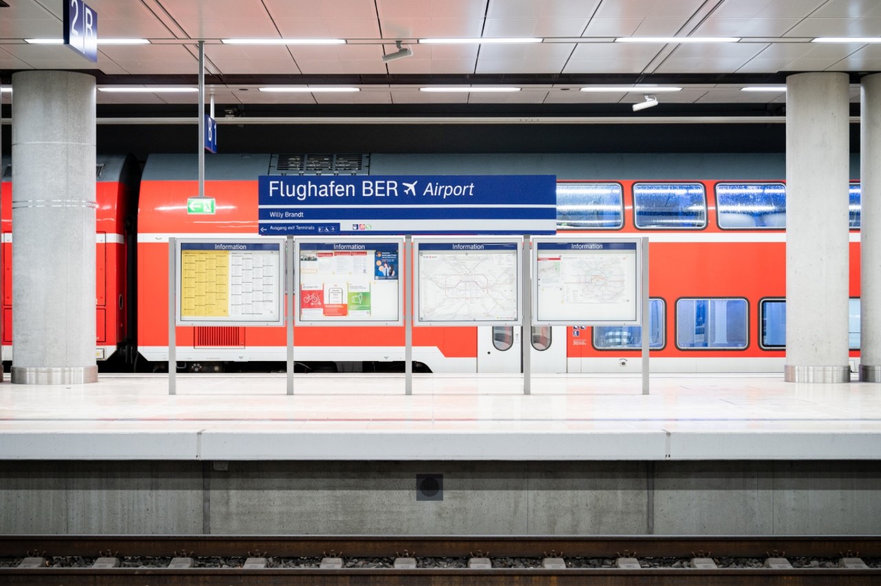 Red Regional train in the BER airport railway station.