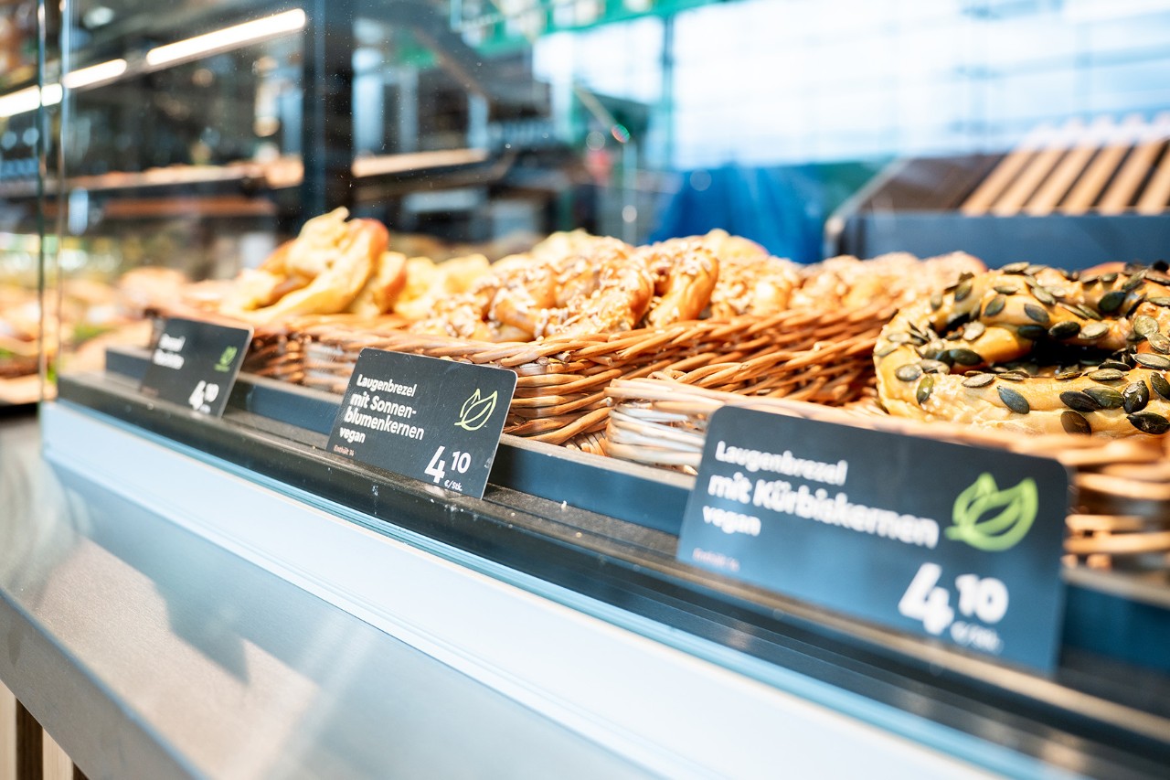 Selection of pretzels behind a glass pane