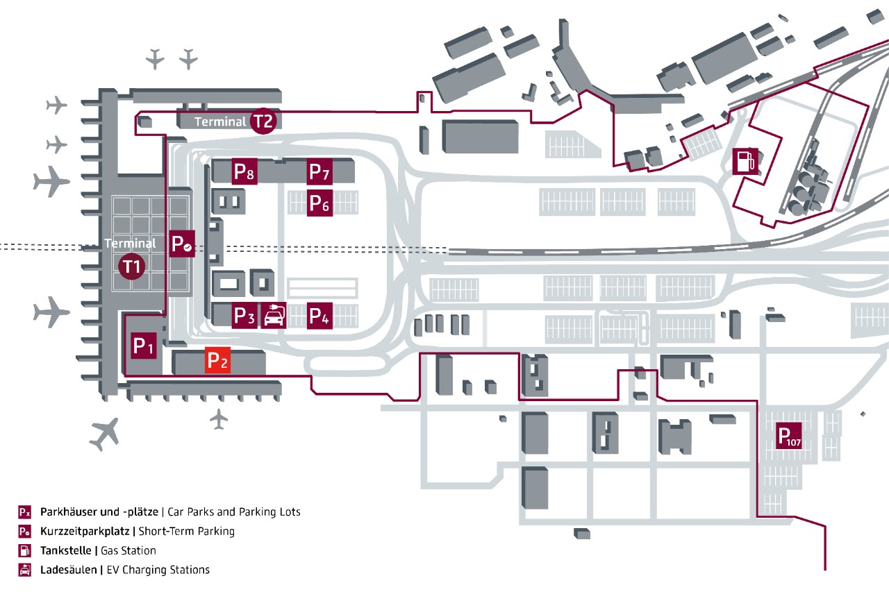 Parking Map P2. The parking garage is located in Airport City, in close proximity to the terminals.