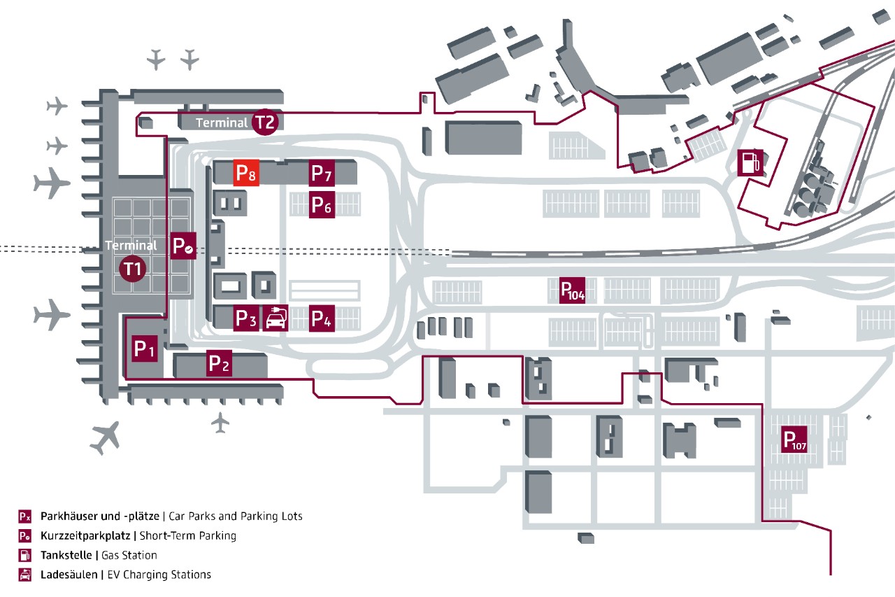 Location of multi-storey car park P8. The multi-storey car park is located in the Airport City, in the immediate vicinity of the terminals.