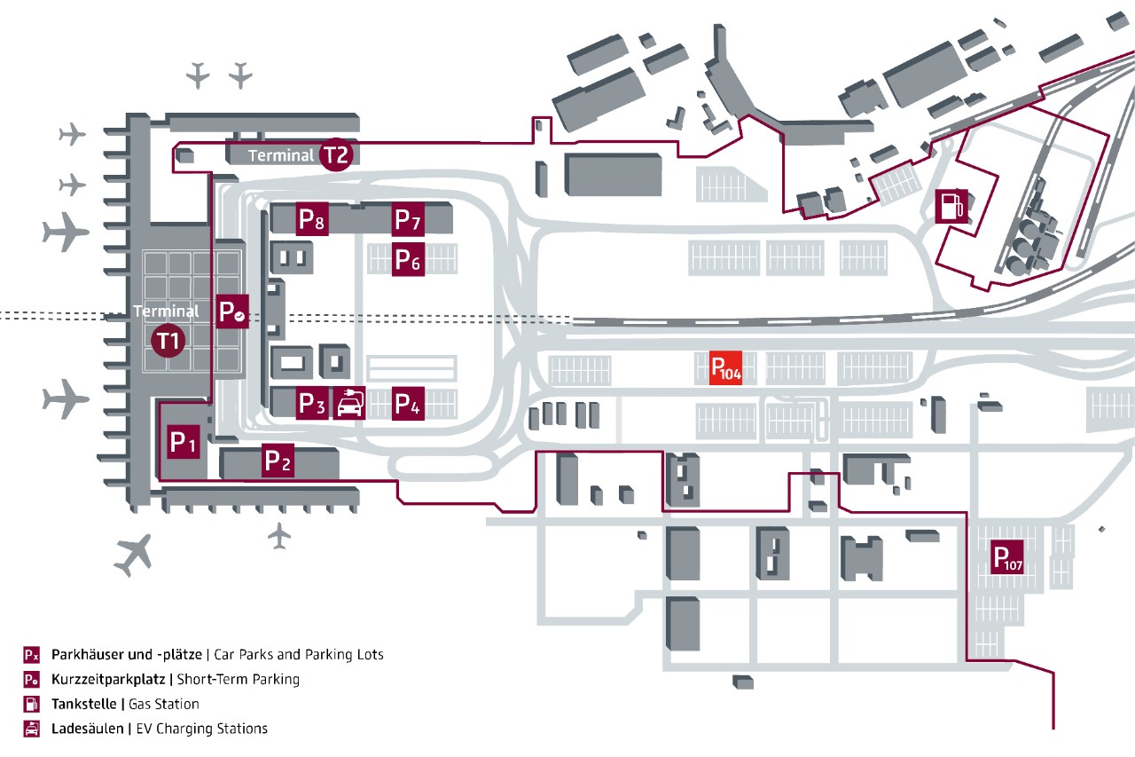 Location map Car park P104 The car park is a little way from the terminals, making it ideal for longer parking periods.