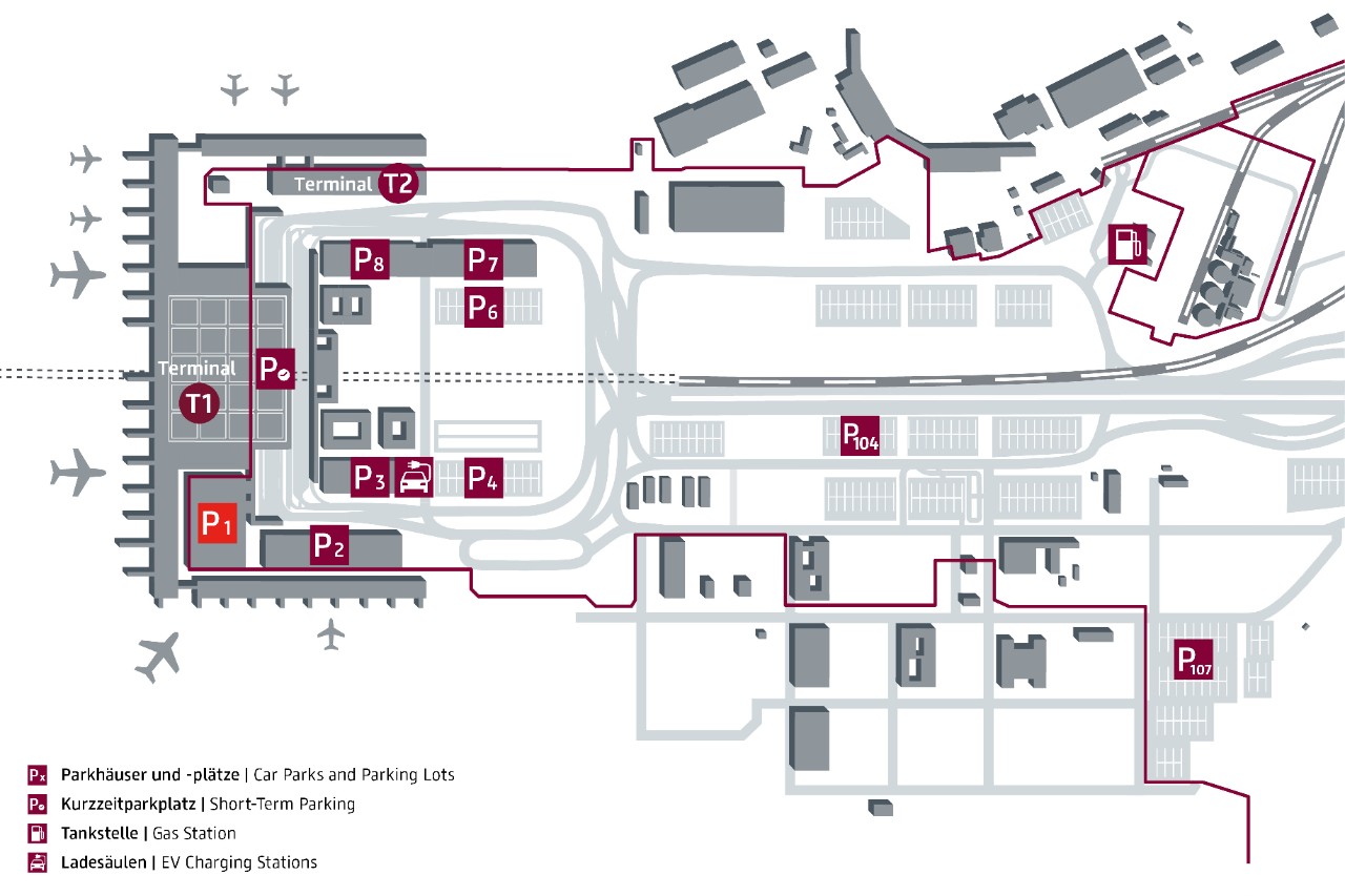 Location map of the P1 Premium Plus parking garage at Berlin Brandenburg Airport, directly adjacent to Terminal 1. The map shows the access route via Melli-Beese-Ring, the parking garage with 155 spaces, barrier-free access points, and nearby terminals. Symbols indicate special parking areas for people with reduced mobility, women, and families.