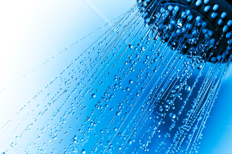 Graphic representation of a shower in white against a blue background.