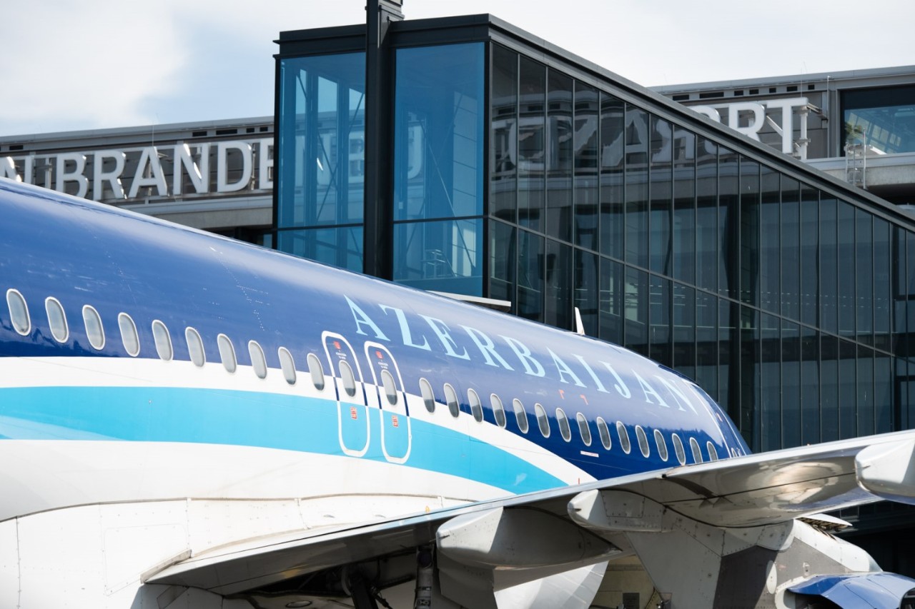 Azerbaijan Airlines aircraft in front of Terminal 1.