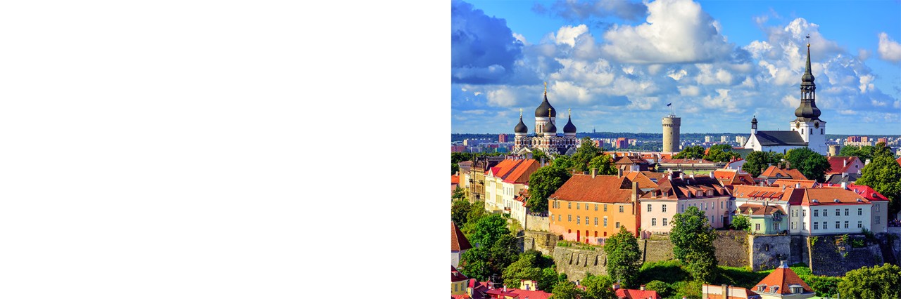 Old town with towers and red roofs under a blue sky.