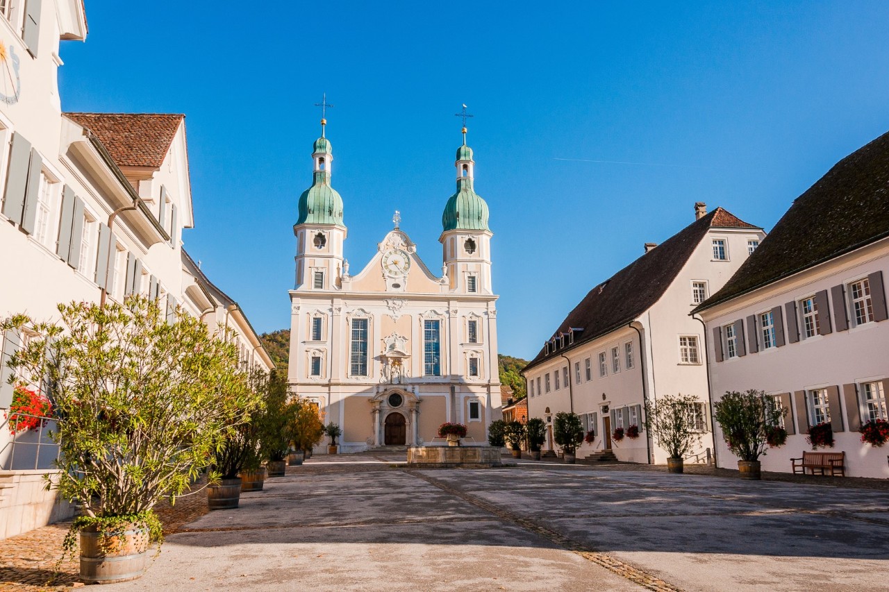 View of the cathedral with a deserted square in front, surrounded by buildings with green plants front of them