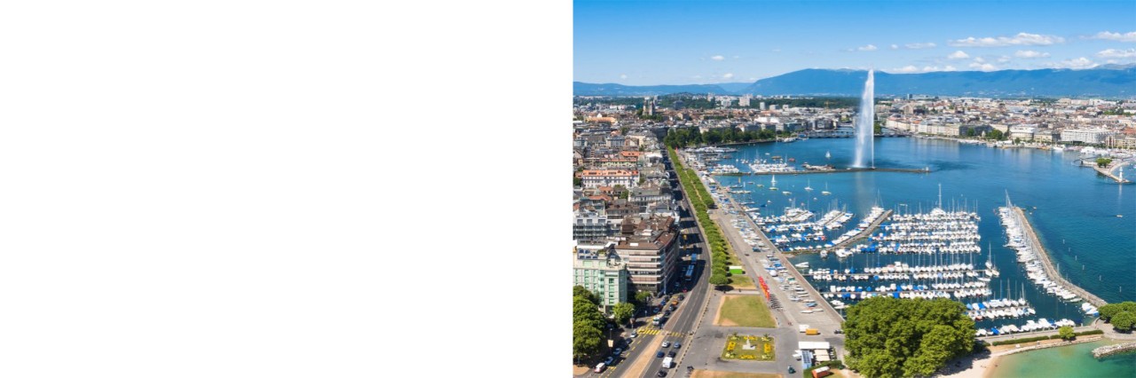 Aerial view of a city located directly on a green-blue lake, in which there is a harbour with many small boats and a water fountain. Flat mountains can be seen in the background. A road lined with trees runs along the shore.