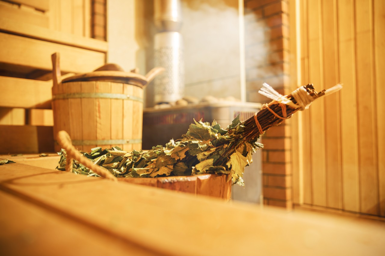 Finnish sauna with birch branches 