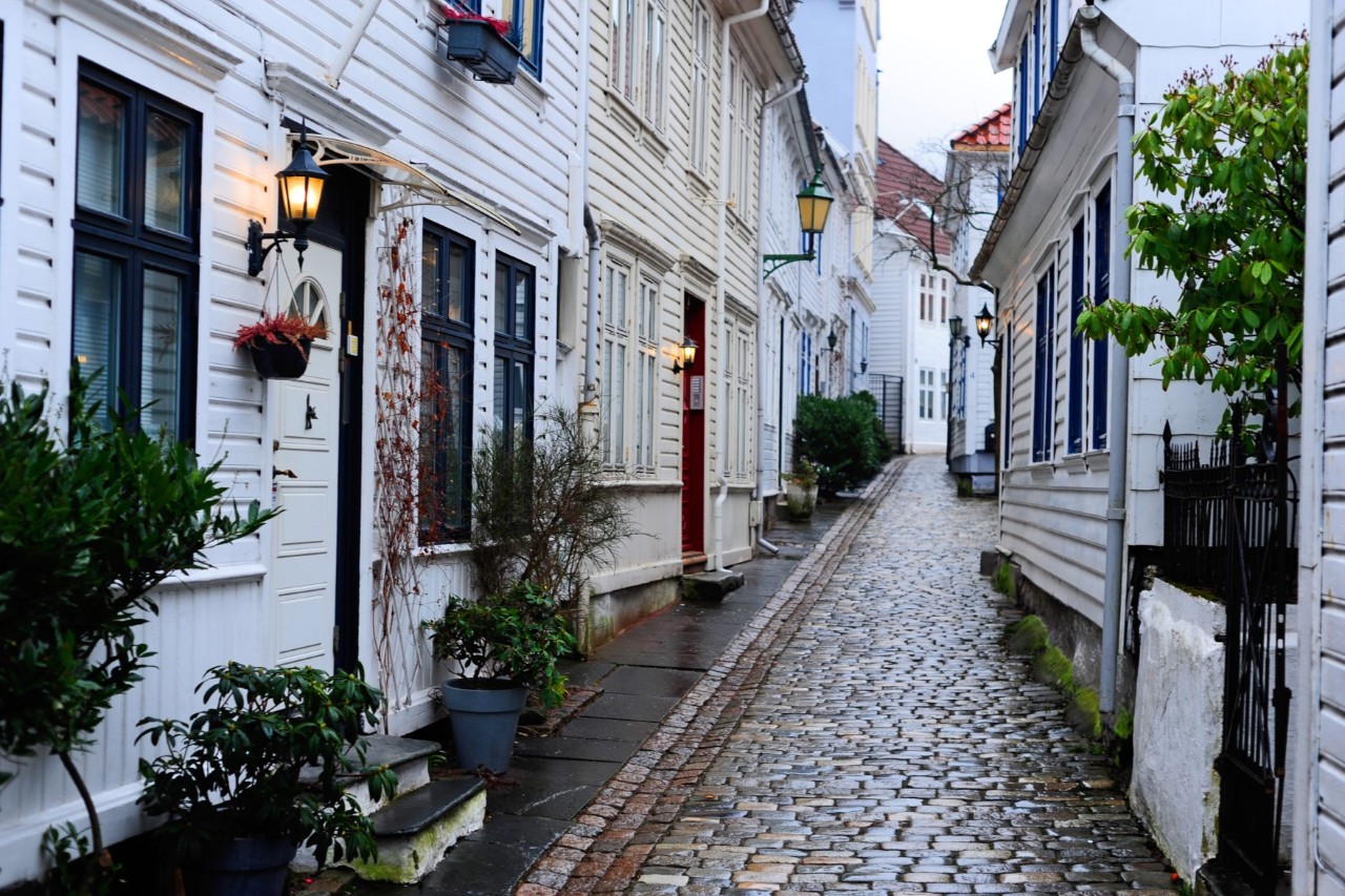 Hilly Sandviken district with colorful wooden houses.