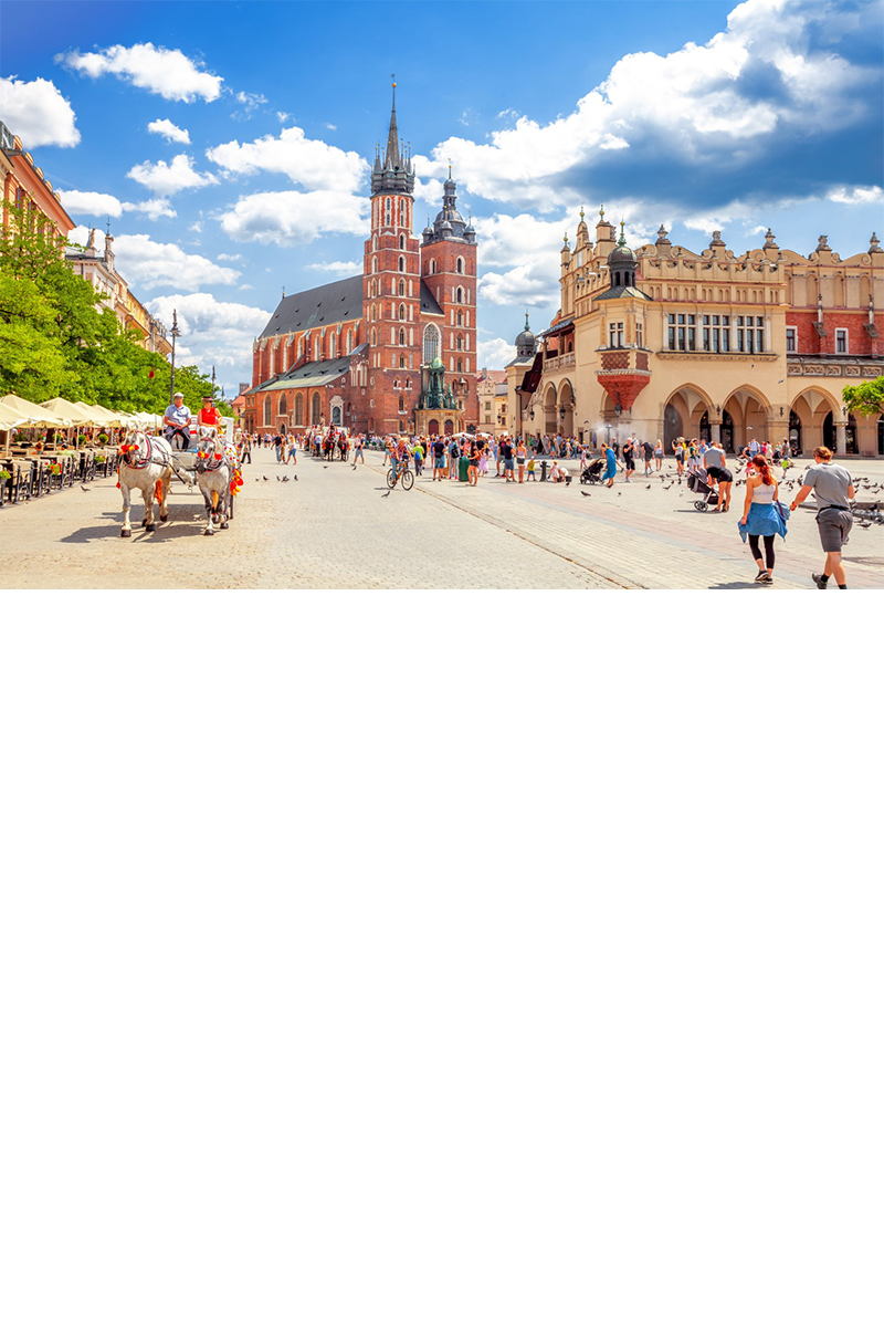 View of the Main Square in Krakow. On the left is a horse-drawn carriage, on the square several people. In the centre of the picture is St. Mary’s Basilica, to the right of it the Cloth Hall © Sina Ettmer/stock.adobe.com