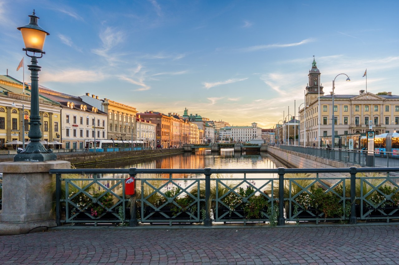 Brunnsparken Square on the canal, water with boats, bridge for pedestrians 