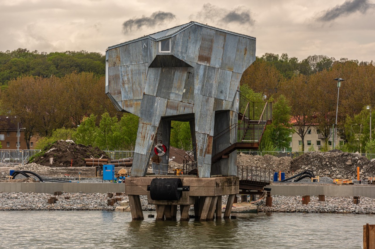 Sauna made from recycled material in the Freeport, harbor with trees