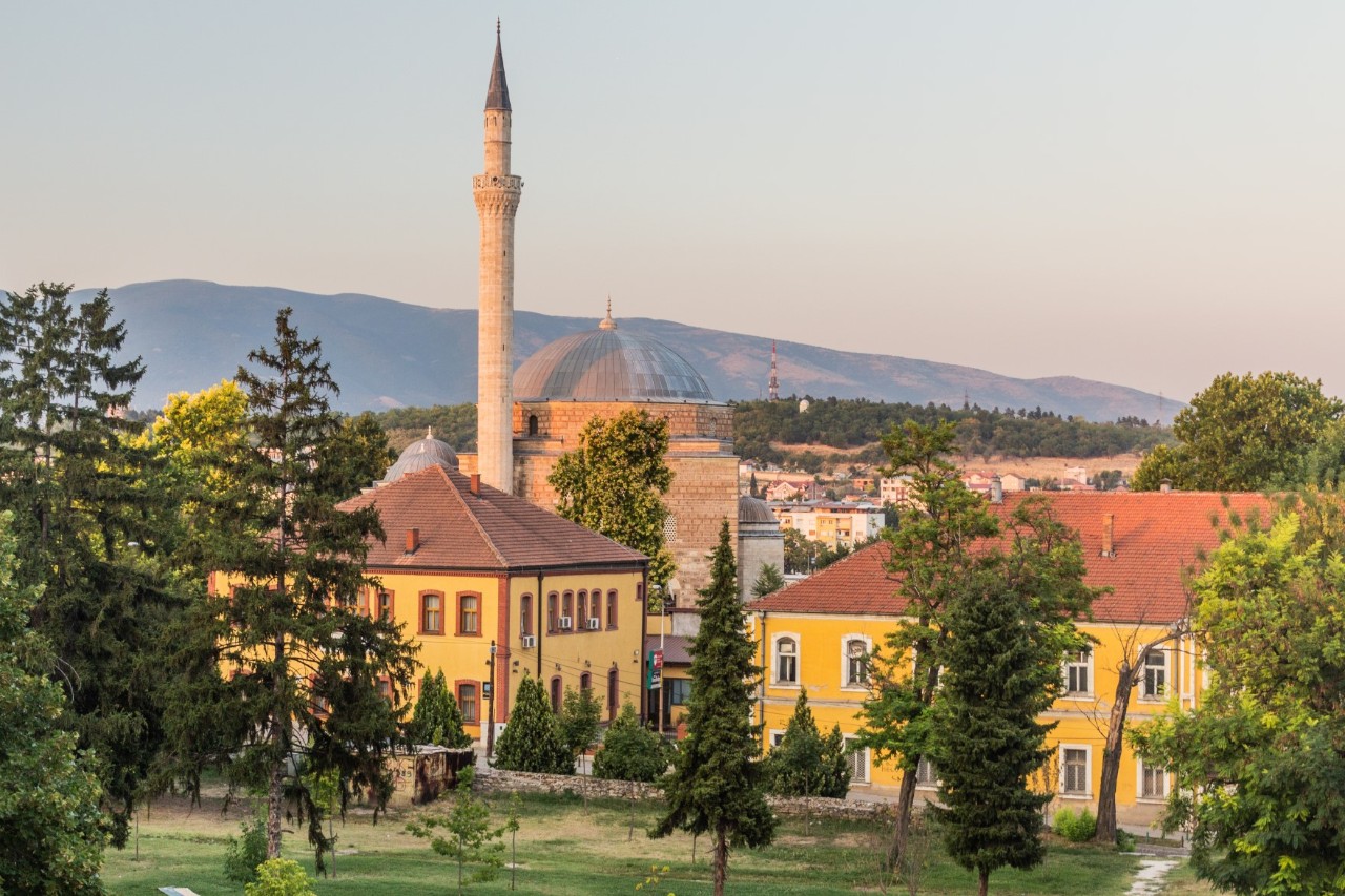 View of a mosque with a large domed roof and minaret. The mosque is surrounded by two yellow buildings, a lawn and trees in the foreground and other buildings in the background, which merge into a forest and a mountain panorama.