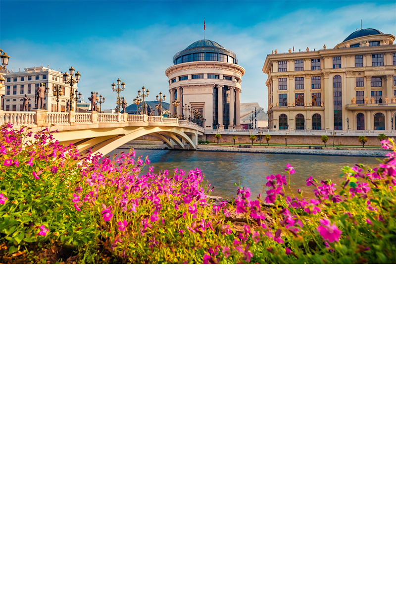 The image shows a bridge with street lamps running over a river. Pink flowers can be seen in the foreground. On the other side of the river are three striking beige buildings.