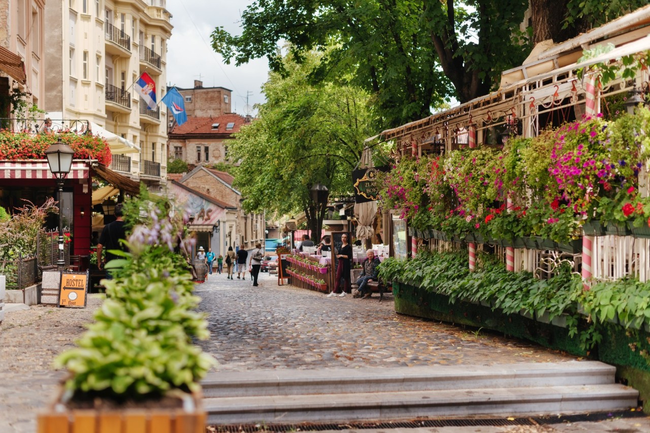 A cobbled street with two steps in the foreground leading upwards. Numerous large plant pots with flowers and green plants can be seen on the right, and there are more plant borders on the left. There are restaurants and historic buildings in the background and several people strolling along the street.