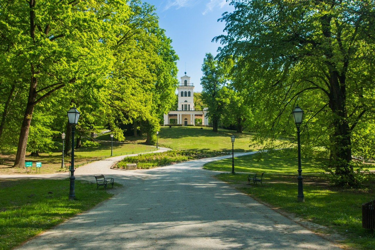 Park with lanterns, paths and white building with tower in the background 