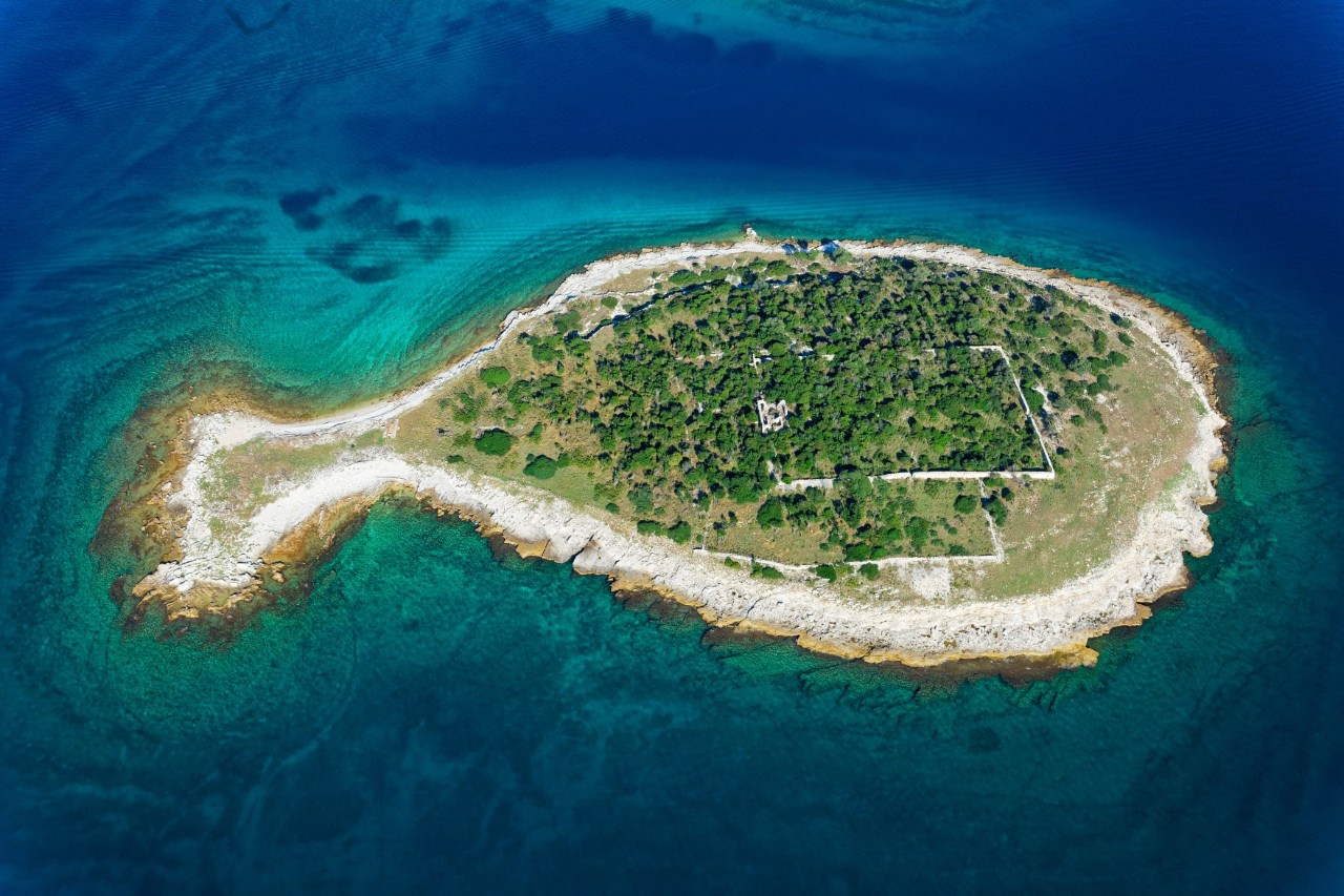 Aerial view of a small island shaped like a fish surrounded by turquoise water. The island is covered with vegetation and has rectangular structures or ruins. The coastline is rocky.