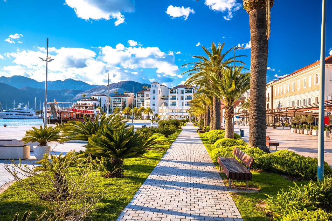 The image shows a Mediterranean promenade with palm trees, green plants and a few houses. Mountains and a harbour with yachts and a traditional wooden ship can be seen in the background.