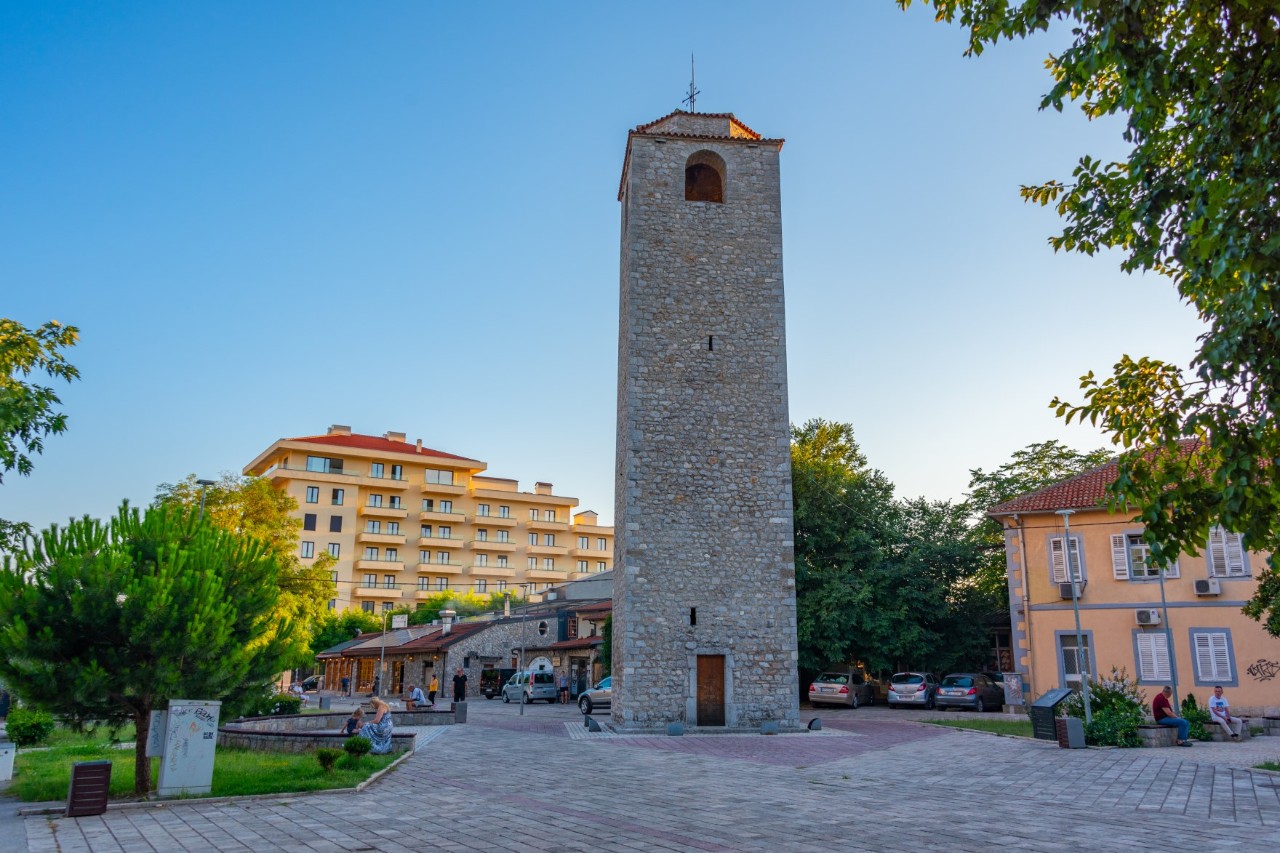 A square tower made of stone with a narrow entrance door on a larger paved square. To the left of the tower, a small green area can be seen. There are several buildings to the right and behind the tower.