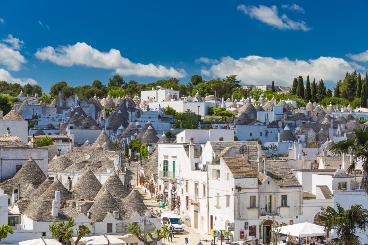 Small town with white buildings and grey tiled roofs. Above them shines a blue sky. Trees tower in the background.