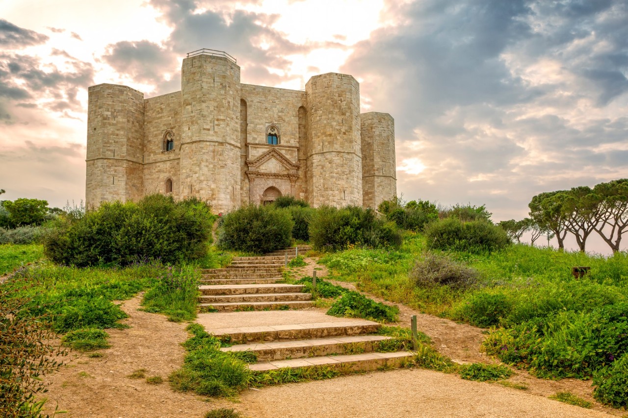 An octagonal castle resembling a fortress, standing on a small hill. It is surrounded by scattered green shrubs and trees. 