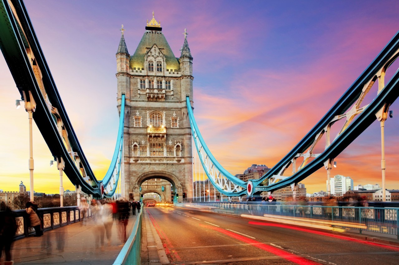 Tower Bridge in warm evening light with soft illumination.