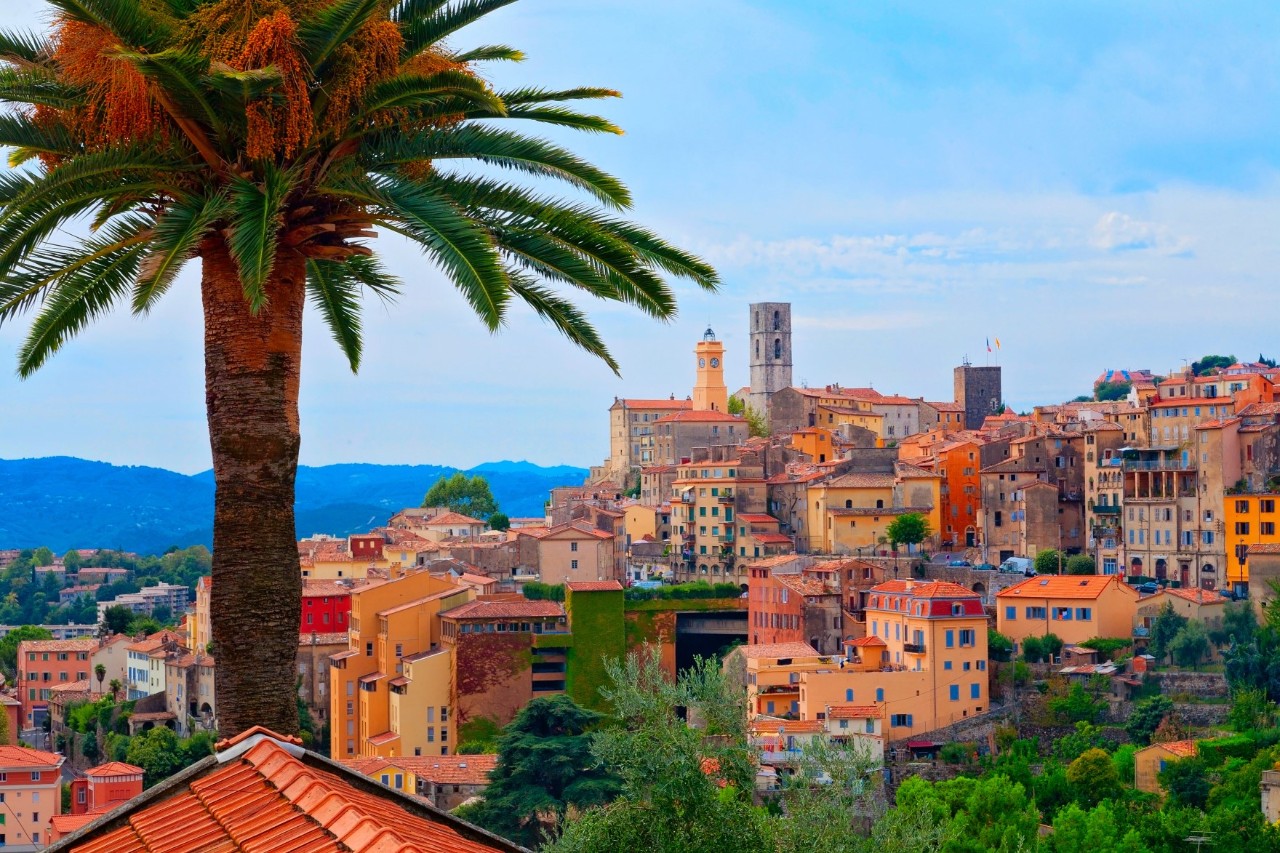 View of the hilly town of Grasse with colourful houses and church towers, palm tree in the left foreground © santosha57/stock.adobe.com