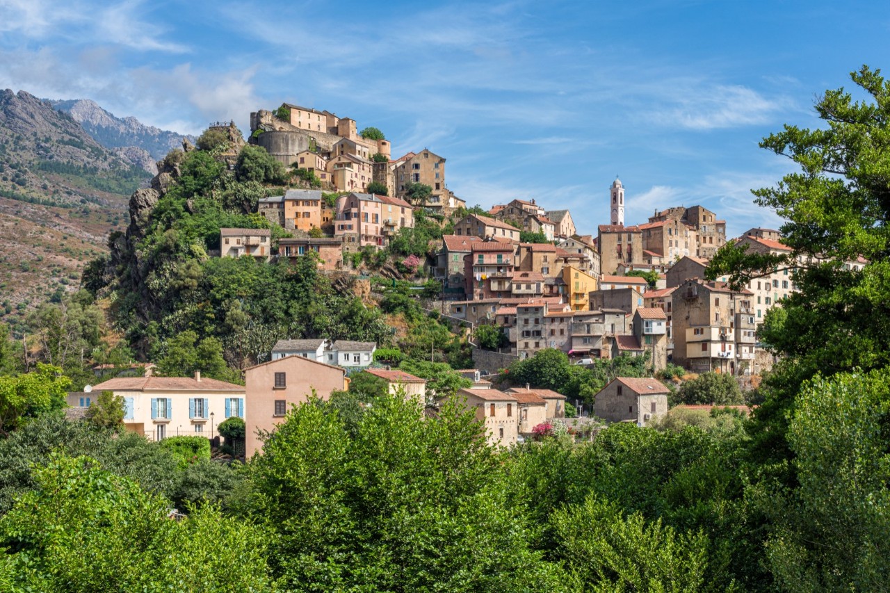 A town built on a mountain. The buildings are close together and surrounded by trees.