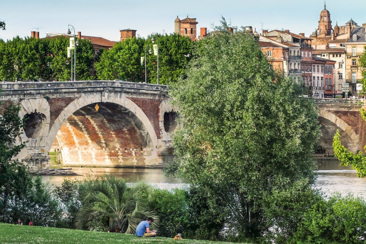 View of an old stone bridge with high arches over a river. On the side of the river in the foreground of the picture are many green plants and a patch of grass on which a person is sitting. On the opposite side of the river in the background of the picture are more trees and multi-storey buildings in the old town. A church tower rises upward from the sea of houses.