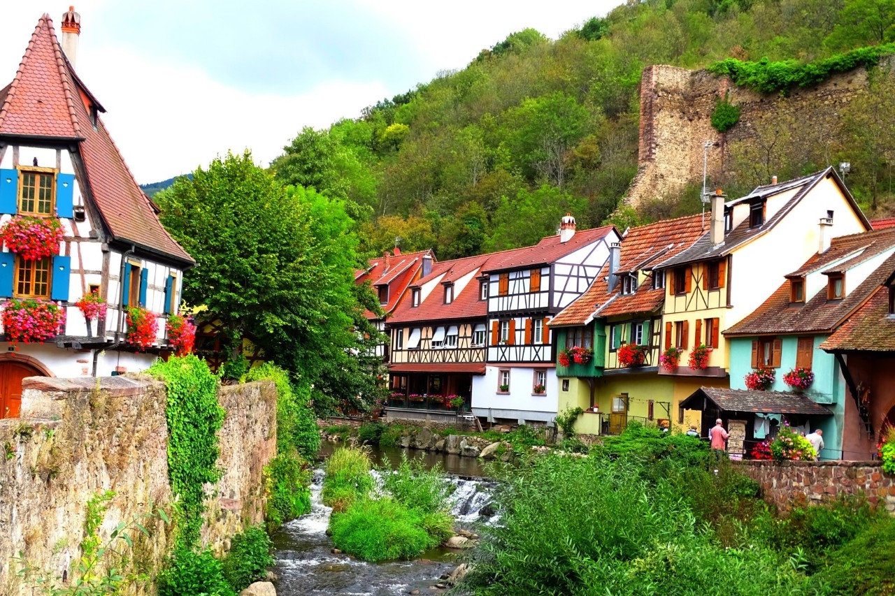 The picture shows an idyllic scene from a traditional village in Alsace. Half-timbered houses in the colours white, yellow and turquoise with red roofs line a small stream whose banks are characterised by dense greenery, trees and a wooded hill with an old stone wall. In the background, an old castle wall rises on a wooded hill. The scenery looks peaceful.