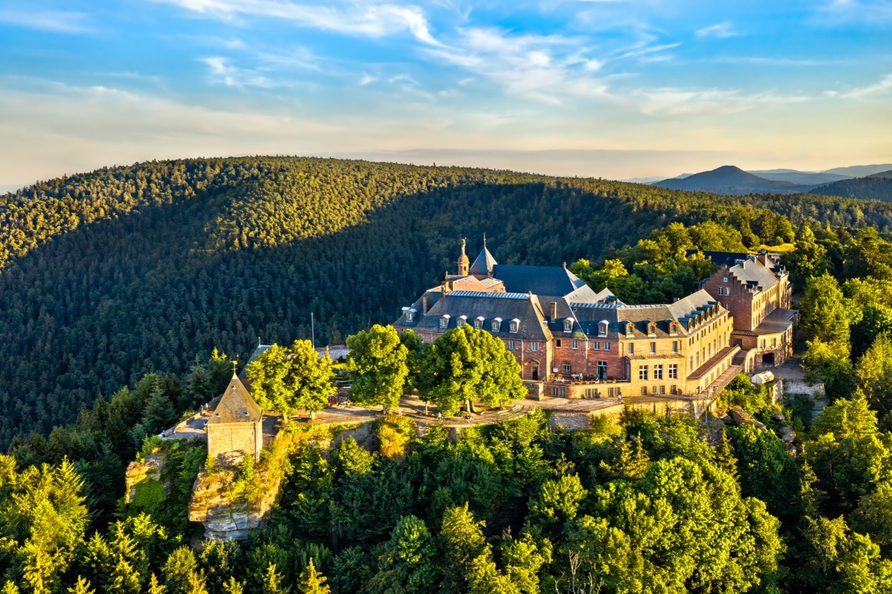 The photograph shows a monastery complex perched on a wooded hill and surrounded by dense forests with large trees. The buildings are made of red stone, have grey roofs and are illuminated by the sun.