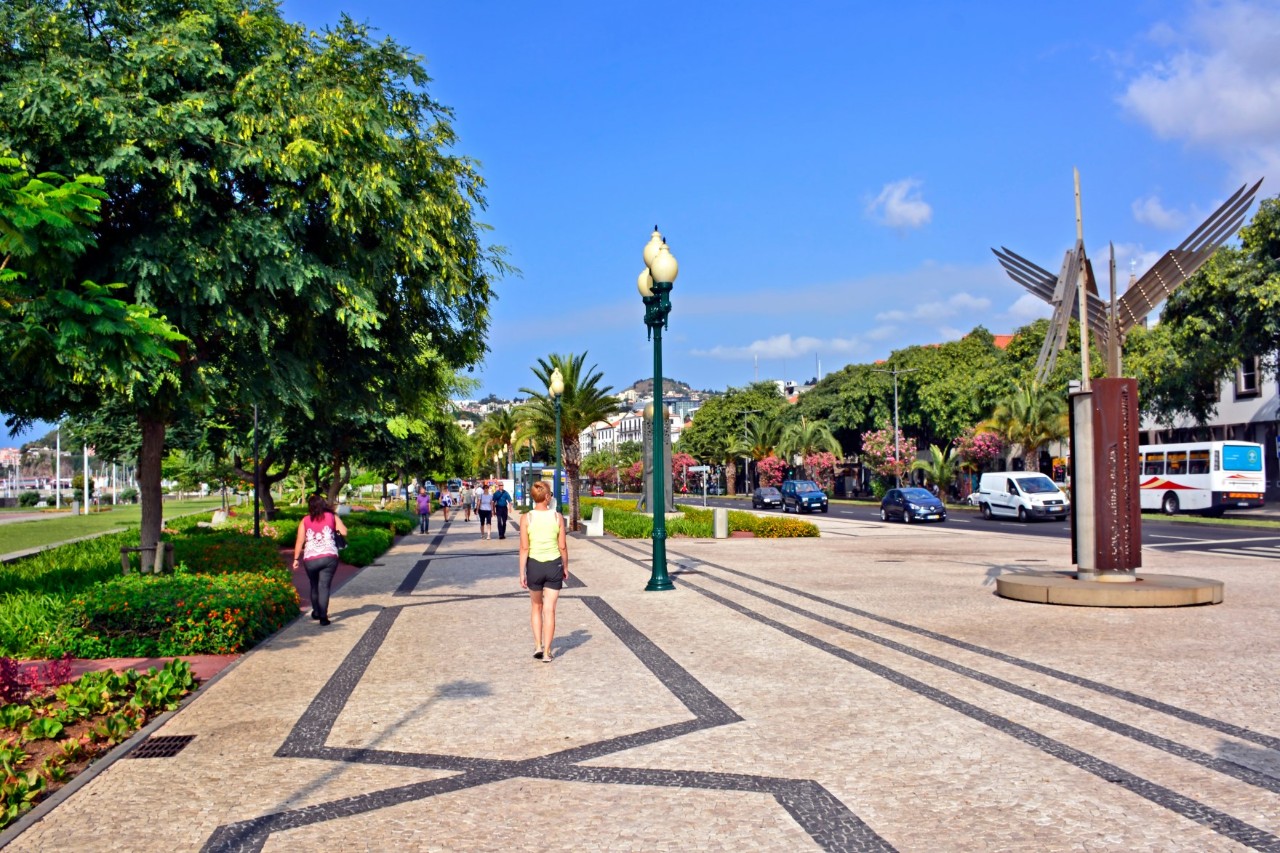 Walkers on the beach promenade on a sunny day, tall deciduous trees can be seen on the left of the picture, to the right of the promenade is a road with more trees next to it 
