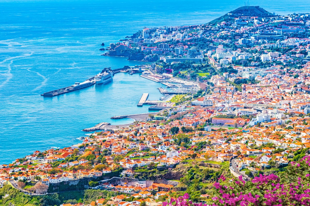 View from above of the sea of buildings on a mountainside with the Atlantic Ocean on the left 